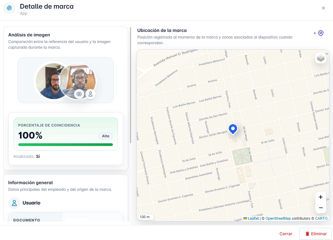 Detalle de un registro de asistencia en CucuTime con validación facial y ubicación geográfica